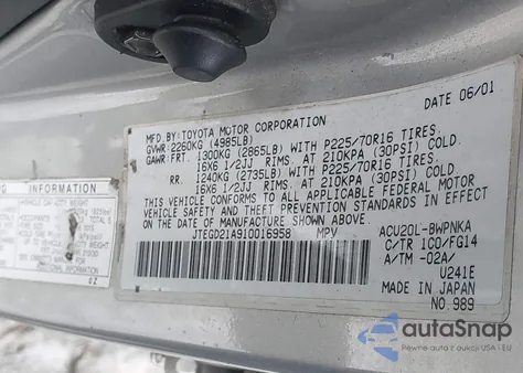 2001 Toyota Highlander from USA, damaged, VIN JTEGD21A910016958